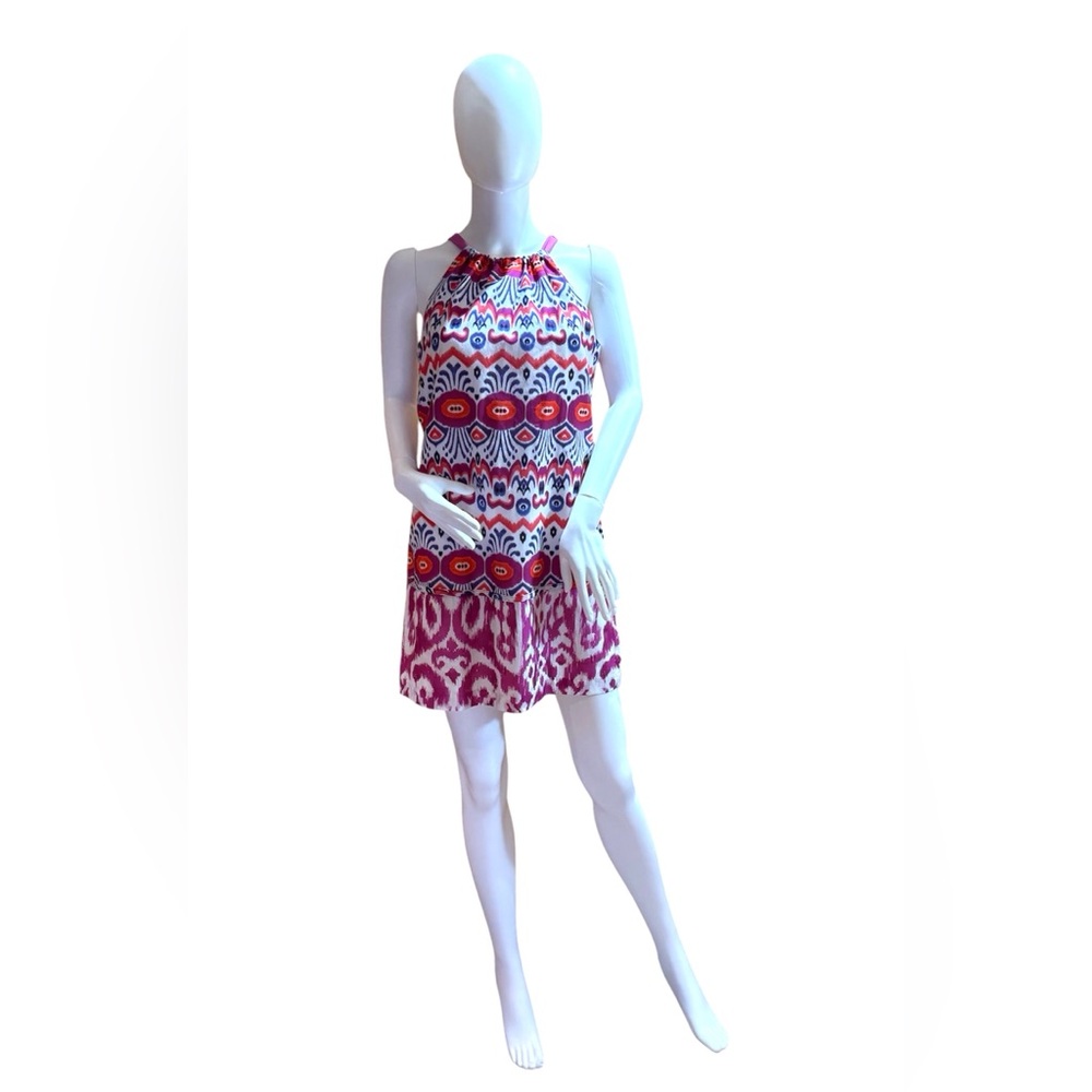 Trina Turk colorful cotton purple, orange and white Ikat Halter Dress - Size 2